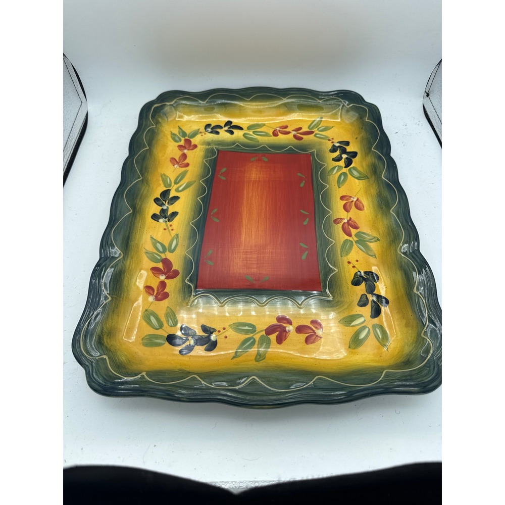 Corsica Hand Painted Ceramic Rectangular Serving Platter Scalloped Floral 17.5in